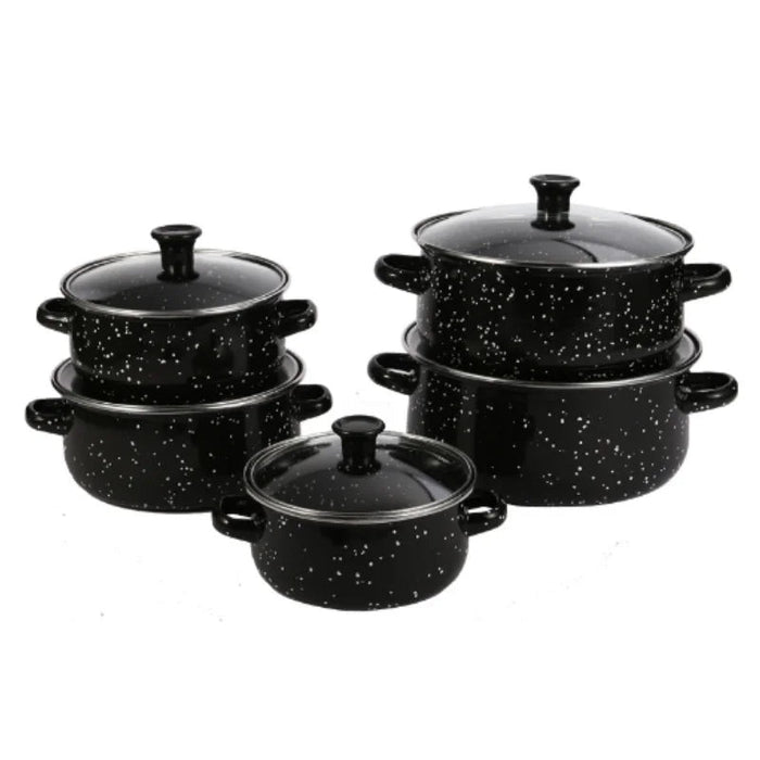 10-delige geëmailleerde kookset met glazen deksels - Stijlvol en veelzijdig koken - Bivakshop