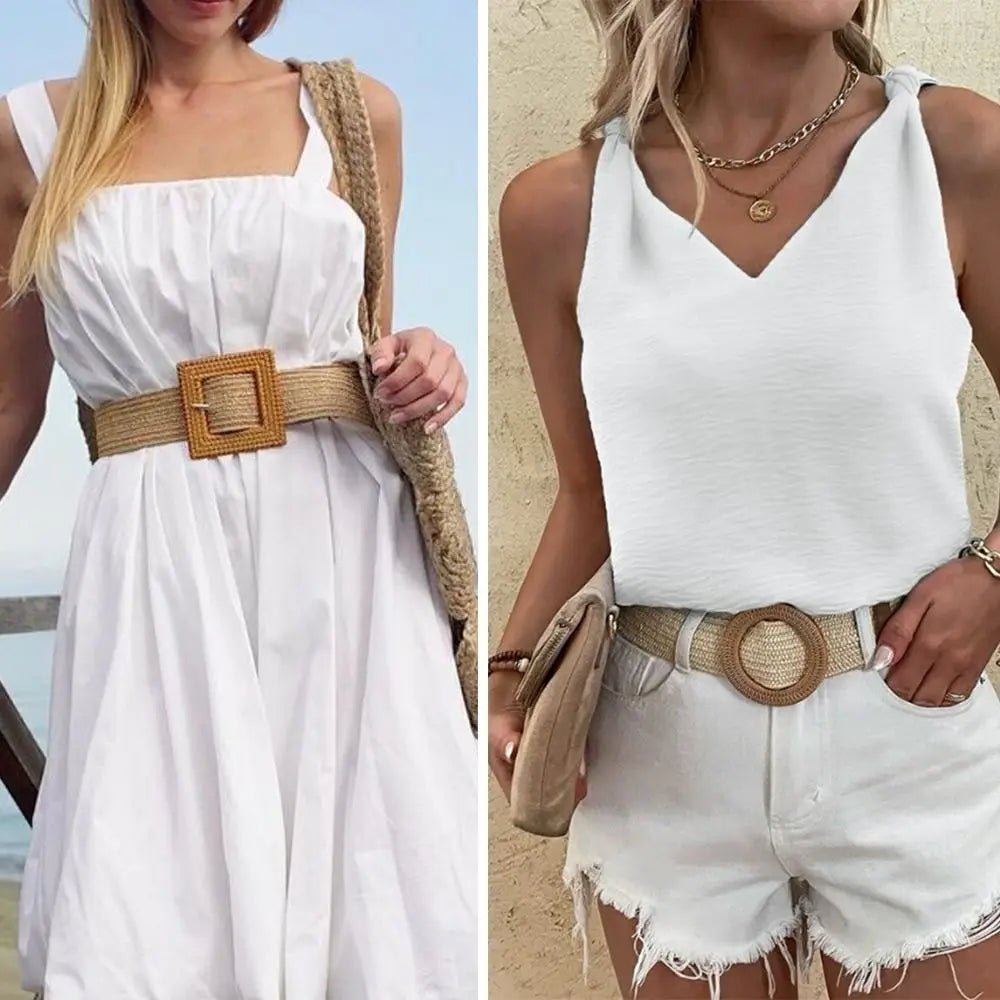 Boho gevlochten stro riem – Elastische brede tailleband casual zomerstijl – Dames accessoire - Bivakshop