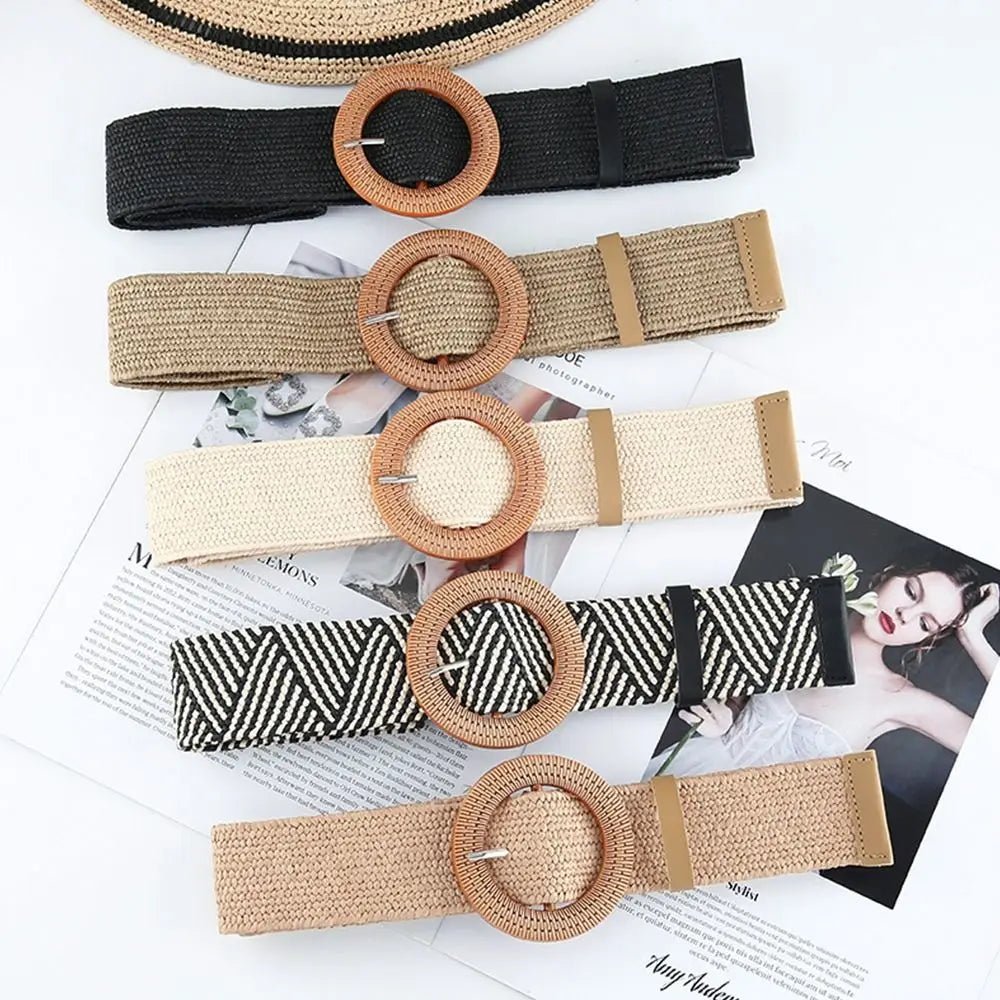 Boho gevlochten stro riem – Elastische brede tailleband casual zomerstijl – Dames accessoire - Bivakshop