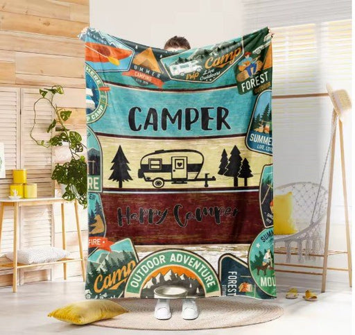 Fleece deken – Camper & bos patroon – Zacht, warm & draagbaar - Bivakshop