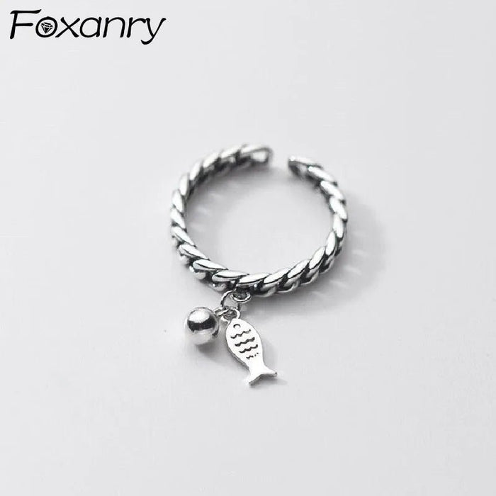 FOXANRY zilverkleurige ring voor dames - Vintage kettingontwerp met vis hanger - Modieuze sieraden - Bivakshop