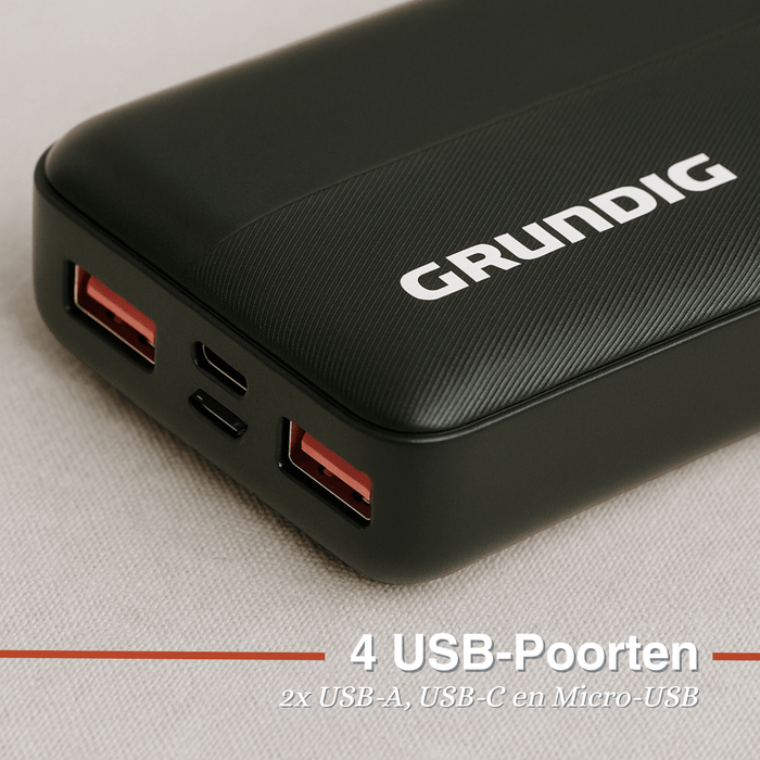 Grundig - Powerbank 20000 mAh – Hoge capaciteit – Dubbele USB - uitgang - Bivakshop