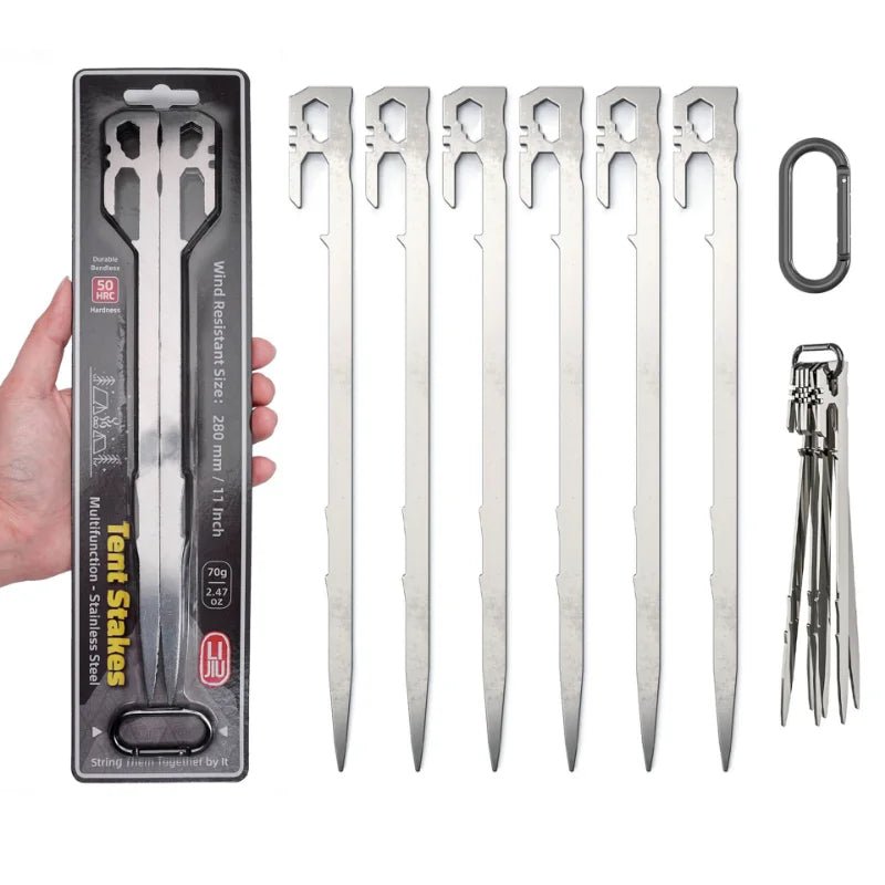 Sterke roestvrijstalen haringen – 6 stuks van 28 cm met reflecterend koord voor tent, strand en camping - Bivakshop