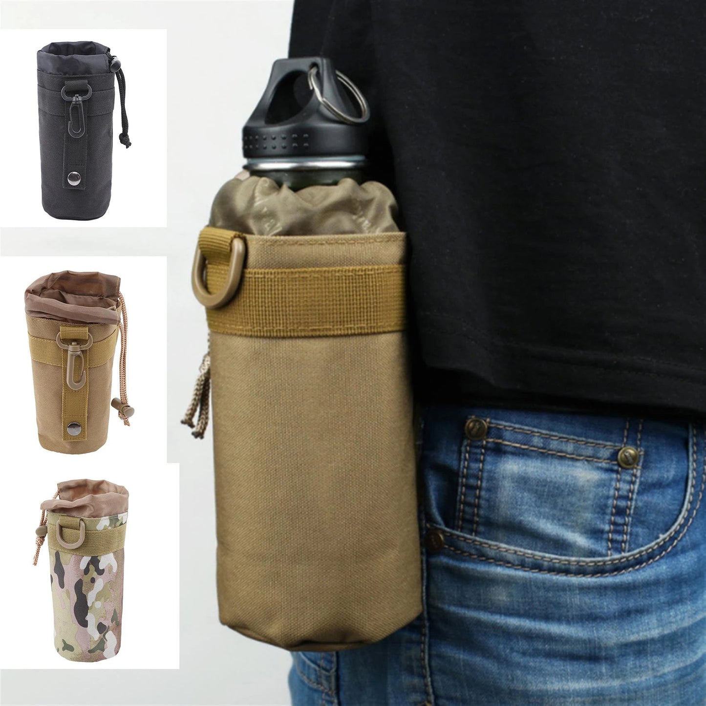 Tactische Waterfles pouch – Outdoor camouflage – Draagbare fleshouder met trekkoord - Bivakshop