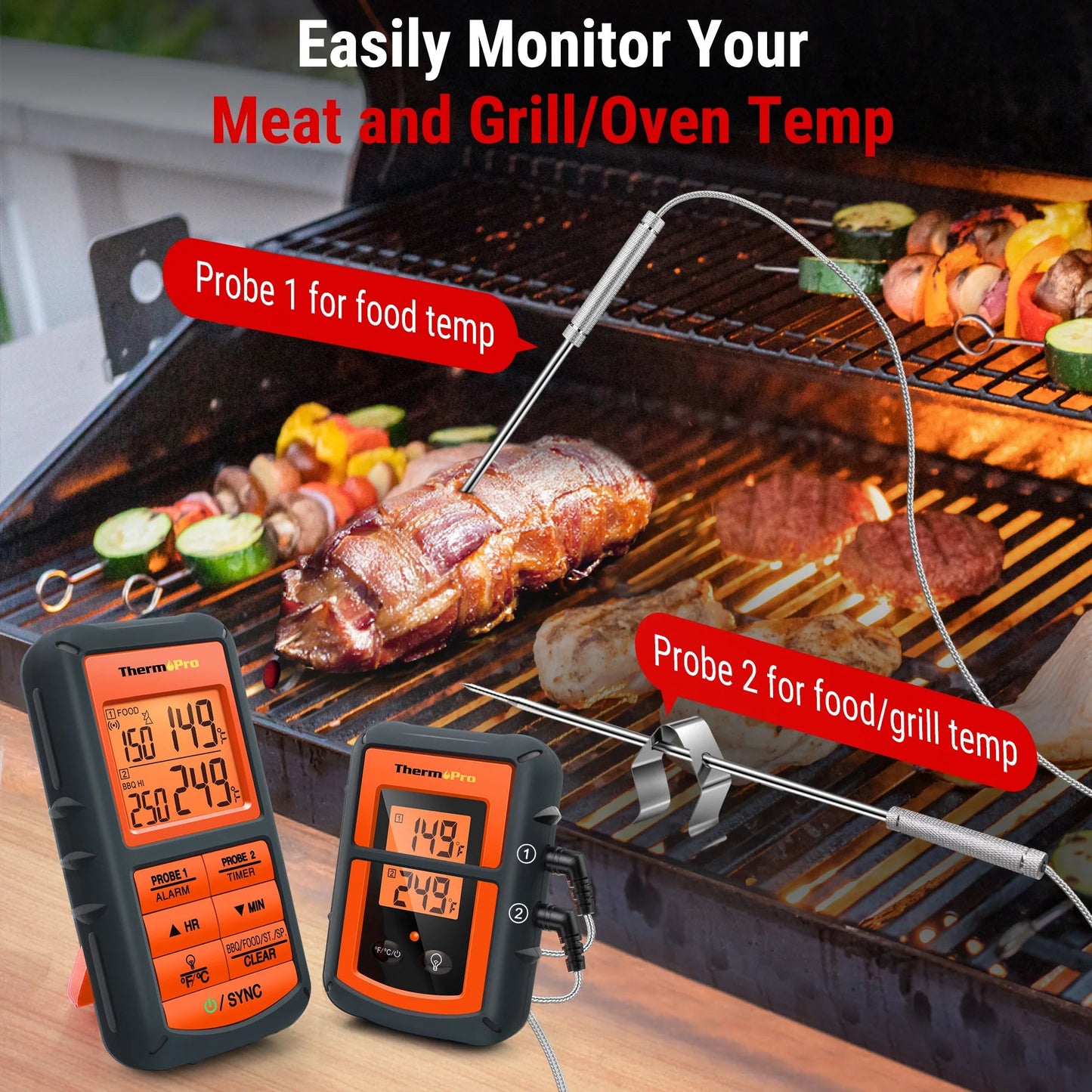 ThermoPro TP - 08C Draadloze Vleesthermometer – 150M Bereik – Dual Probe – BBQ, Smoker, Oven, Grill - Bivakshop