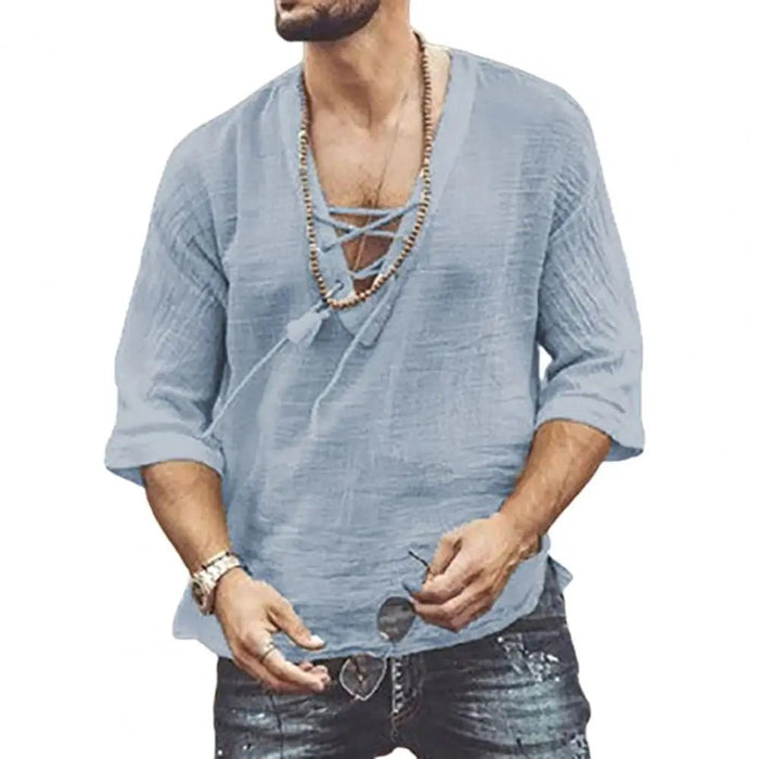 Witte zomerse heren casual blouse - Met korte mouwen - En v hals van katoen en linnen - Bivakshop