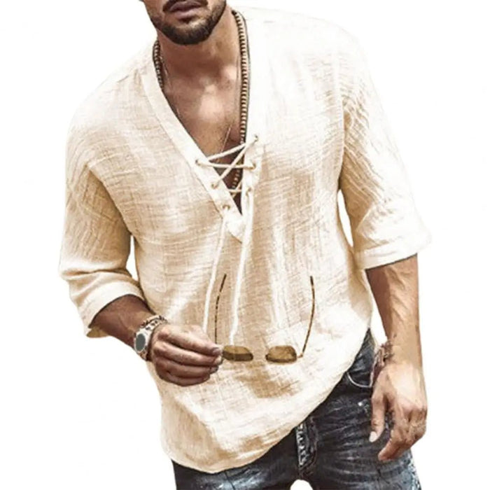 Witte zomerse heren casual blouse - Met korte mouwen - En v hals van katoen en linnen - Bivakshop
