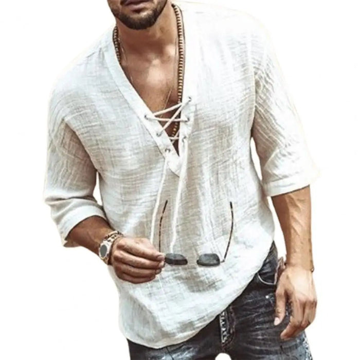 Witte zomerse heren casual blouse - Met korte mouwen - En v hals van katoen en linnen - Bivakshop