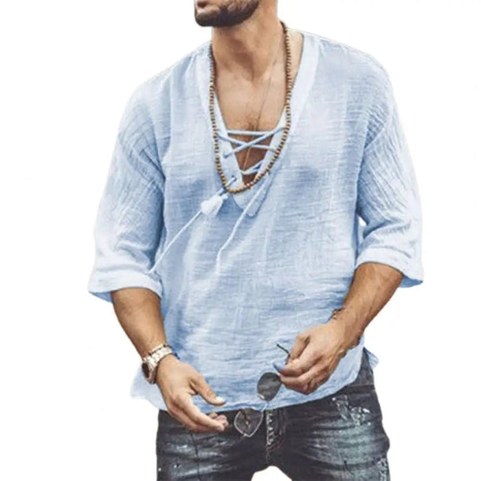 Witte zomerse heren casual blouse - Met korte mouwen - En v hals van katoen en linnen - Bivakshop