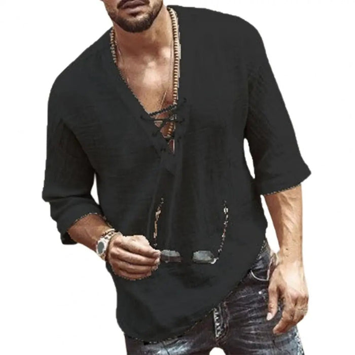 Witte zomerse heren casual blouse - Met korte mouwen - En v hals van katoen en linnen - Bivakshop