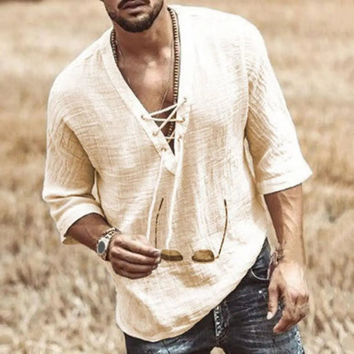 Witte zomerse heren casual blouse - Met korte mouwen - En v hals van katoen en linnen - Bivakshop