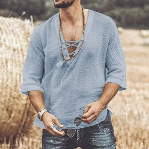 Witte zomerse heren casual blouse - Met korte mouwen - En v hals van katoen en linnen - Bivakshop