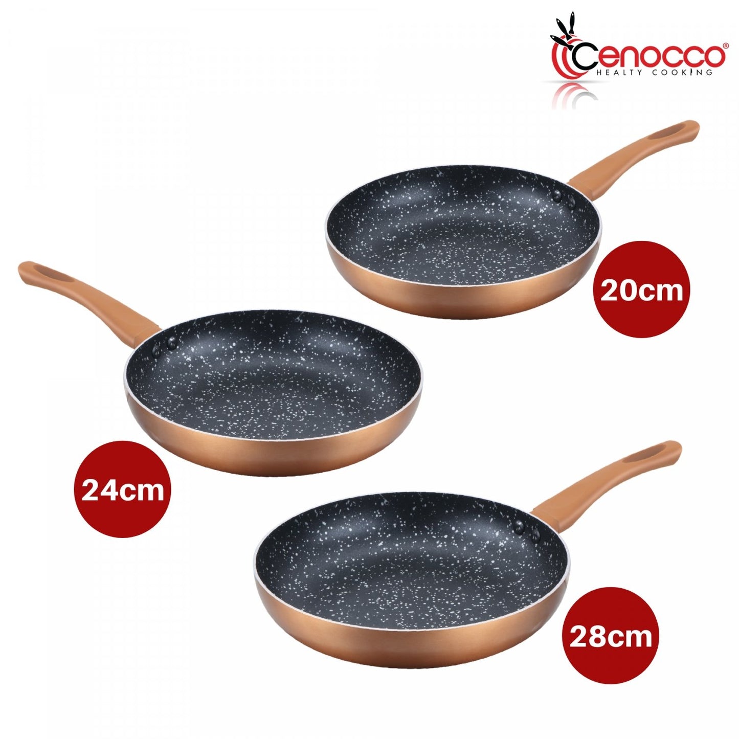 Cenocco Set van 3 Koekenpannen met Marmeren Coating Rood - Keramische pannenset - 20/24/28 cm - Bivakshop