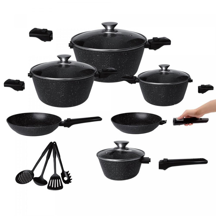 Cheffinger 14 Delige XXL Kookpannenset met Afneembare Handgrepen + 4 Pollepels - Bivakshop