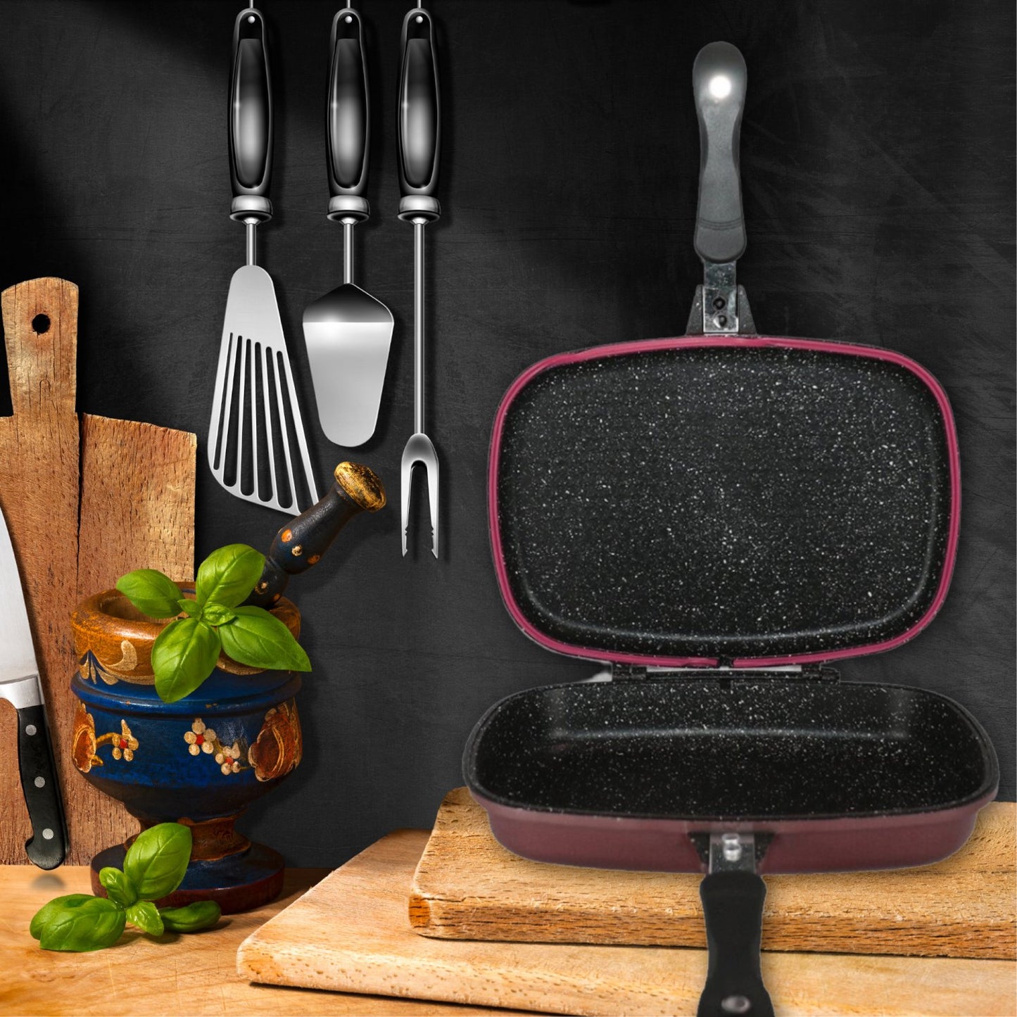 Cheffinger CF-DG32: Omkeerbare dubbele grillpan met marmercoating - 32 cm koper - Bivakshop