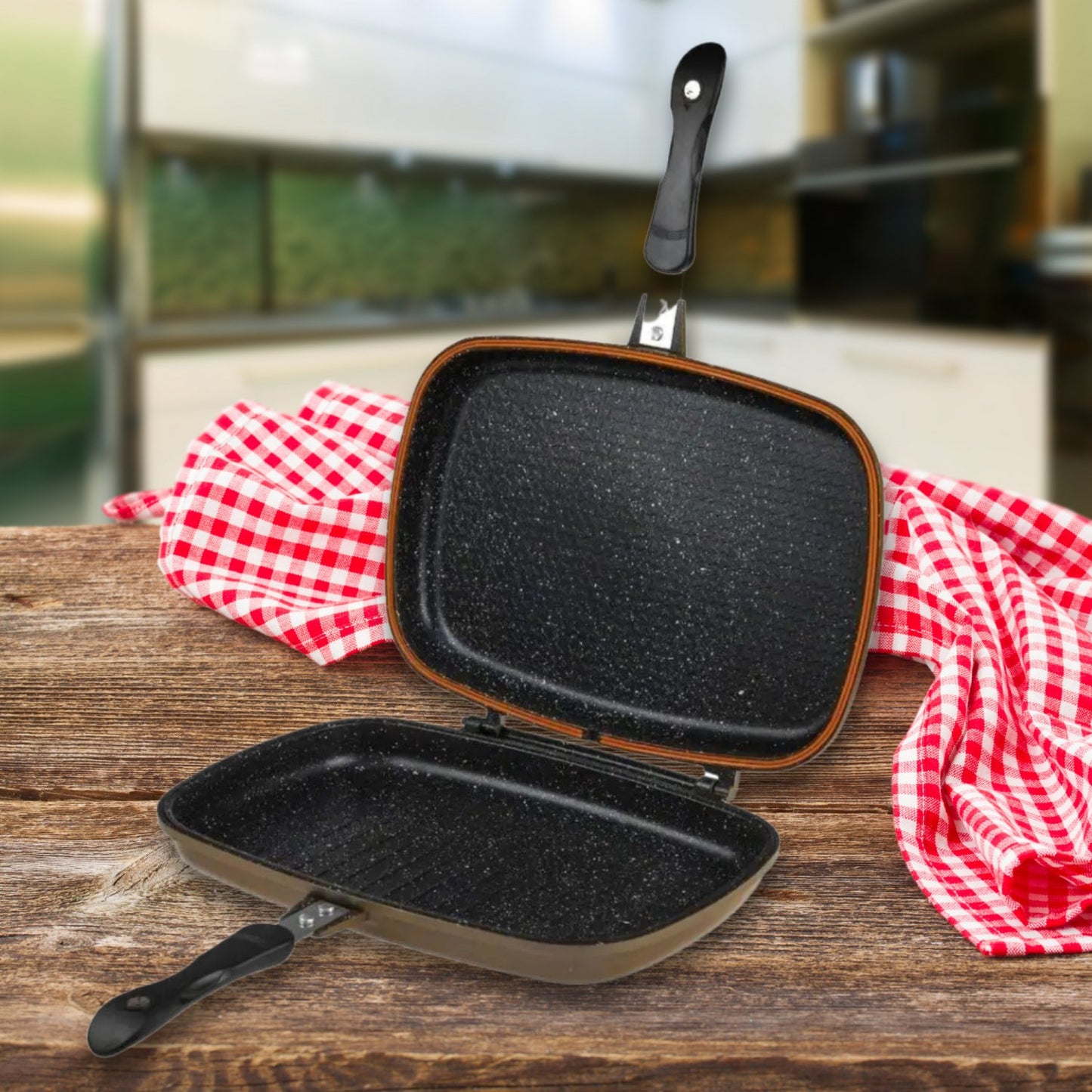 Cheffinger CF-DG32: Omkeerbare dubbele grillpan met marmercoating - 32 cm koper - Bivakshop