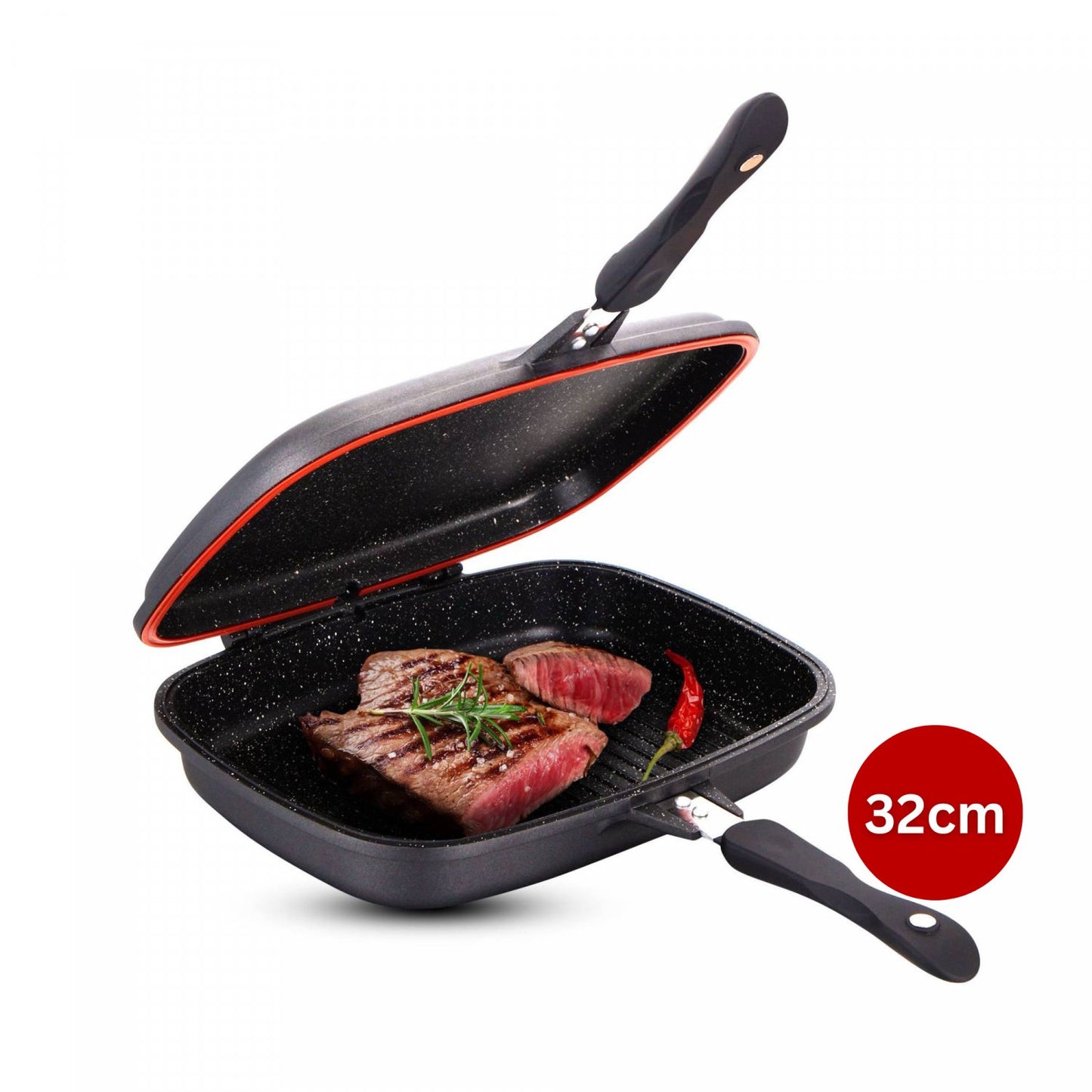 Cheffinger CF-DG32: Omkeerbare dubbele grillpan met marmercoating - 32 cm koper - Bivakshop