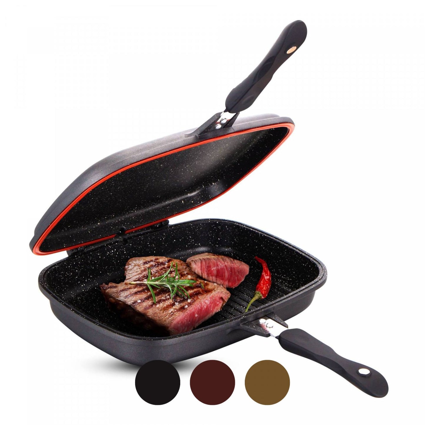 Cheffinger CF-DG32: Omkeerbare dubbele grillpan met marmercoating - 32 cm koper - Bivakshop