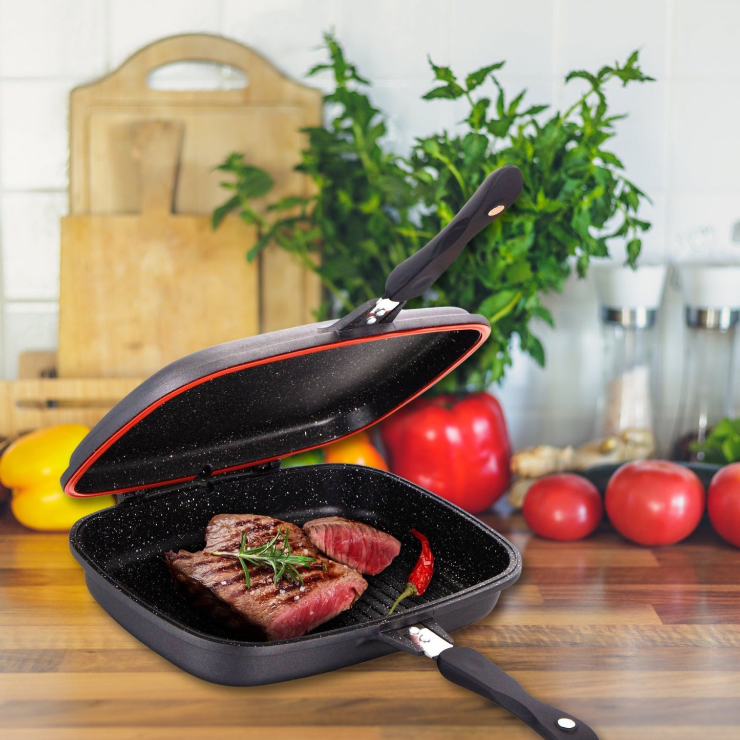 Cheffinger CF-DG32: Omkeerbare dubbele grillpan met marmercoating - 32 cm koper - Bivakshop