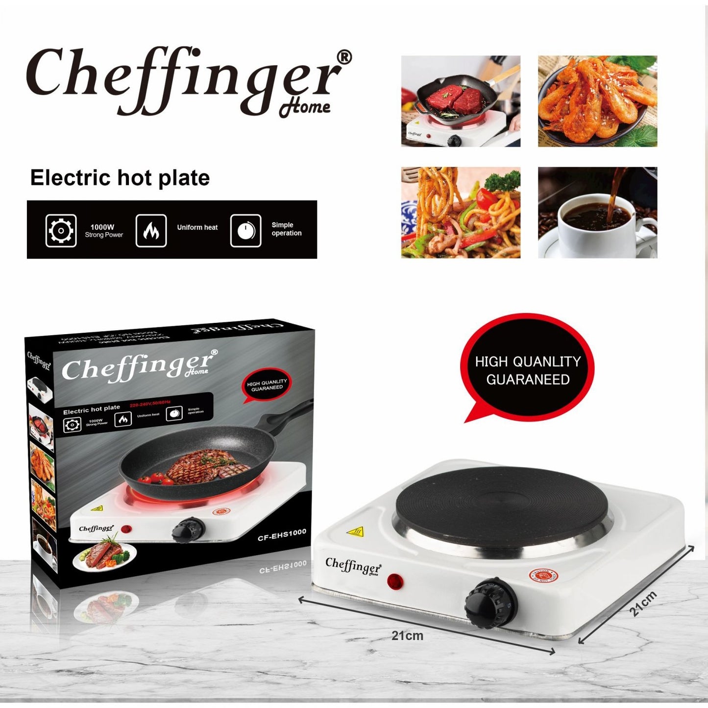 Cheffinger CF-EHS1000: 1000W Elektrische Kookplaat - Enkel - Bivakshop