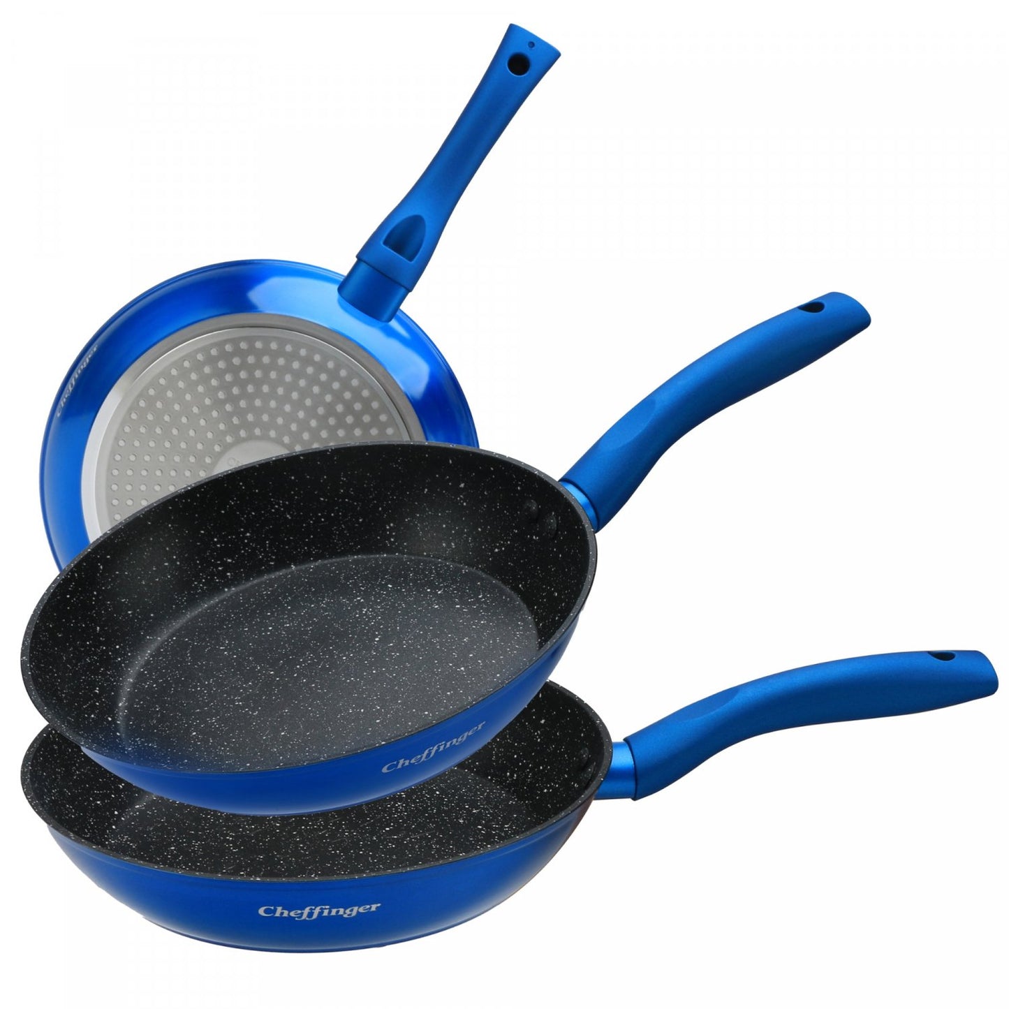 Cheffinger CF-FA03: 3 Delige Koekenpannenset Marmer Gecoat Blauw - Bivakshop