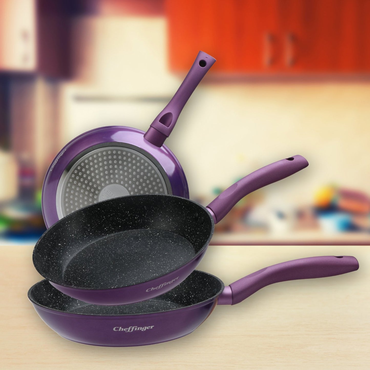 Cheffinger CF-FA03: 3 Delige Koekenpannenset Marmer Gecoat Paars - Bivakshop