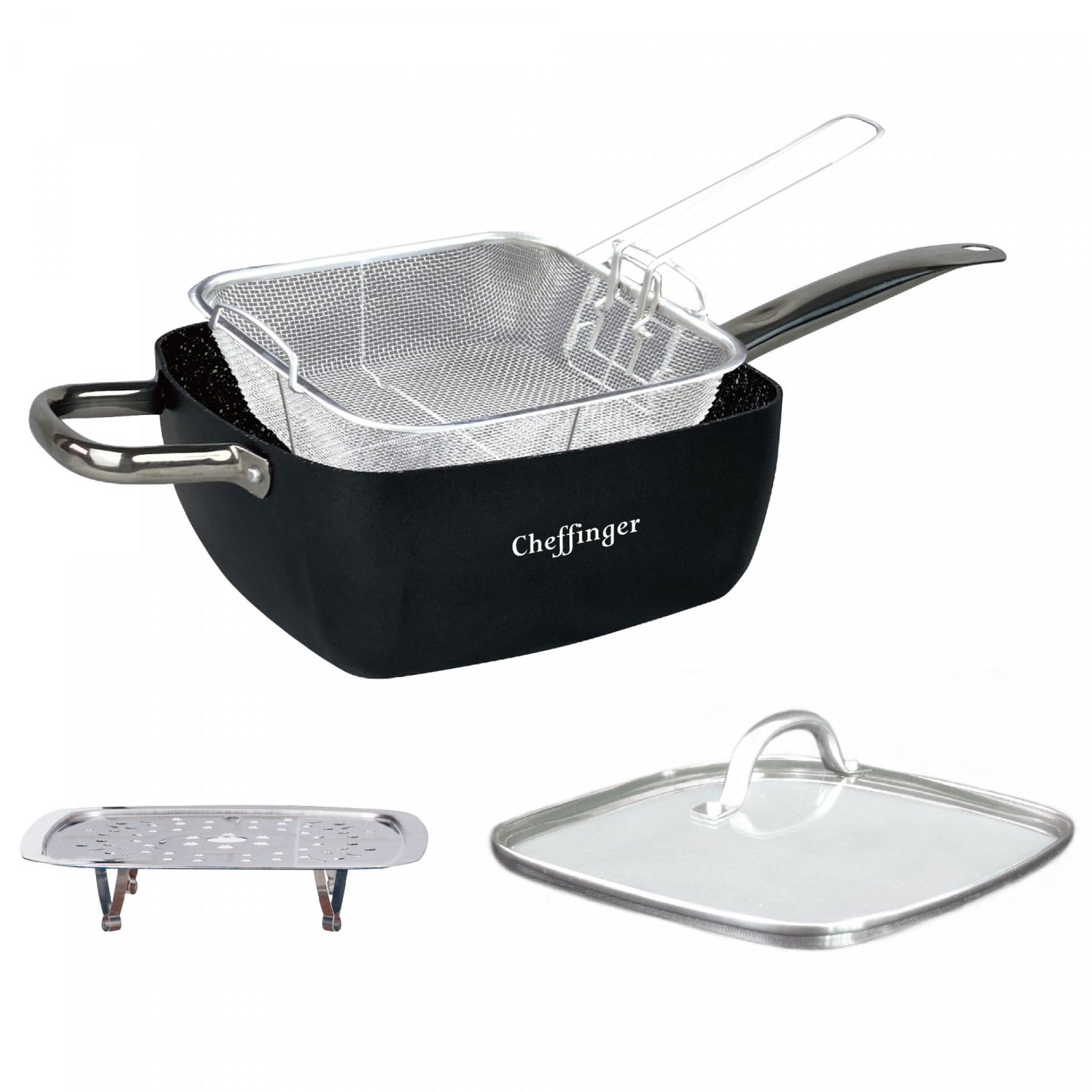 Cheffinger CF-FA04: 4-delige marmeren gecoate vierkante frituurpannenset - Bivakshop