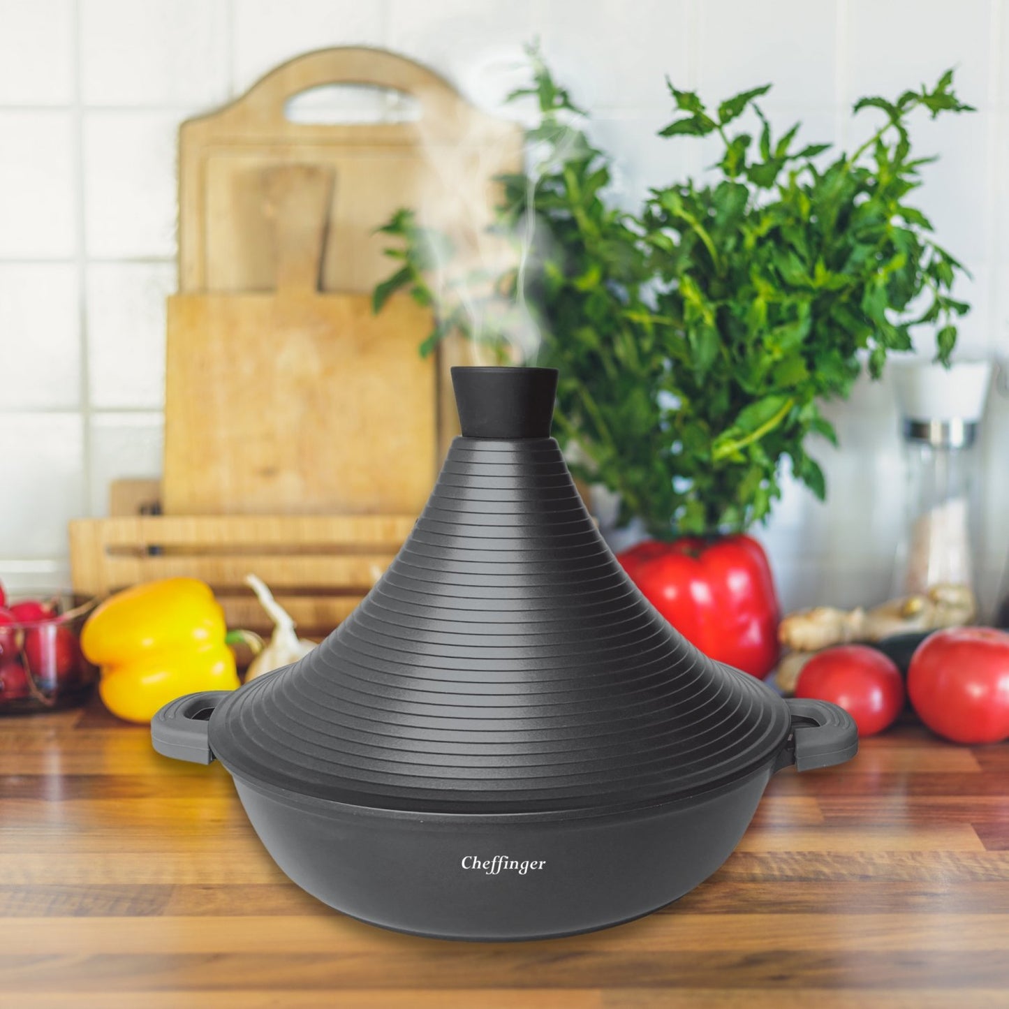 Cheffinger CF-TAJ28: tajine van gegoten aluminium met marmercoating van 28 cm - Bivakshop