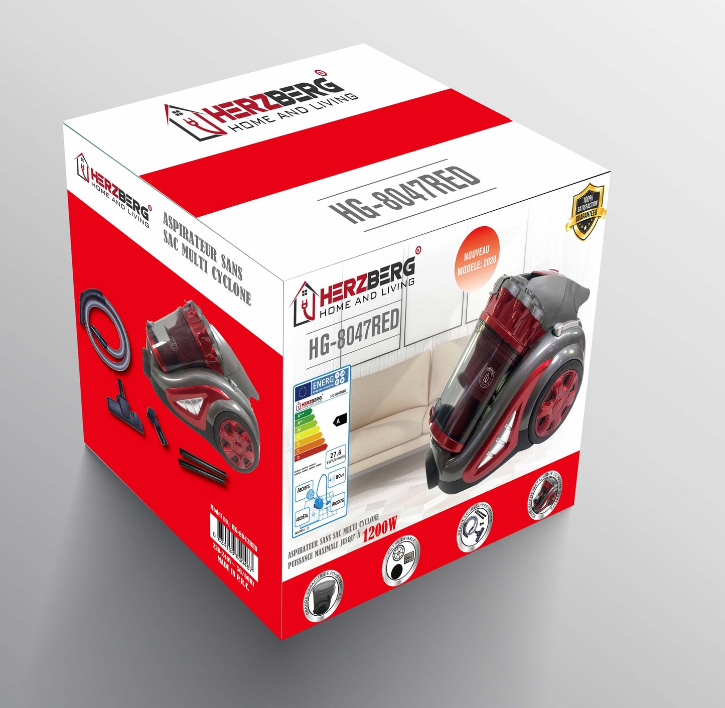 Herzberg HG-8047RED: Stofzuiger zonder zak met meerdere cyclonen - 1200W - Bivakshop