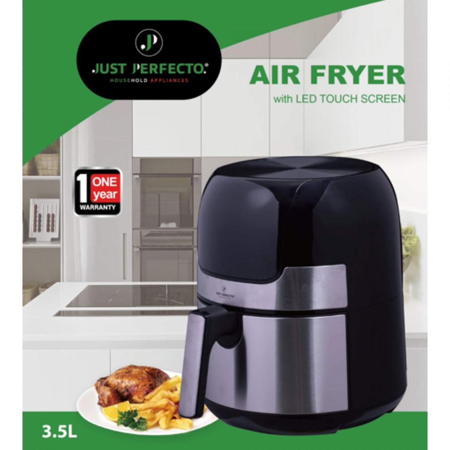Just Perfecto JL-23: 1400W - Led-touchscreen Heteluchtfriteuse met Grillplaat S/S - 3,5L - Bivakshop