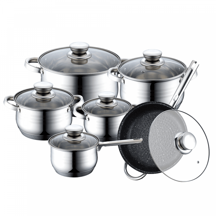Royalty Line RL - 1231M: 12 - delige roestvrijstalen pannenset met met marmer gecoate pan - Bivakshop