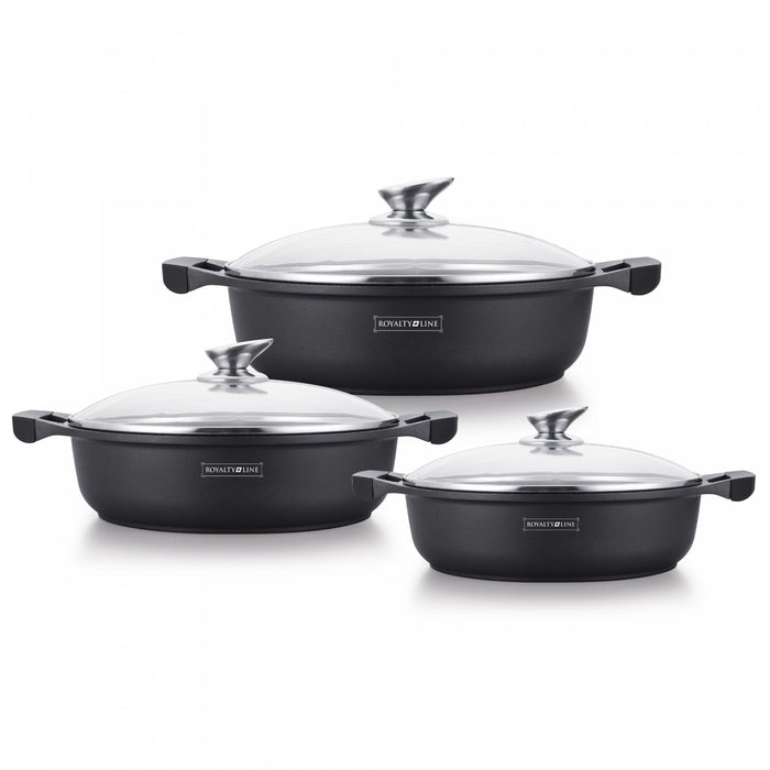 Royalty Line RL-BR1006M: 6-delige lage braadpanset met antiaanbaklaag en marmercoating - Bivakshop