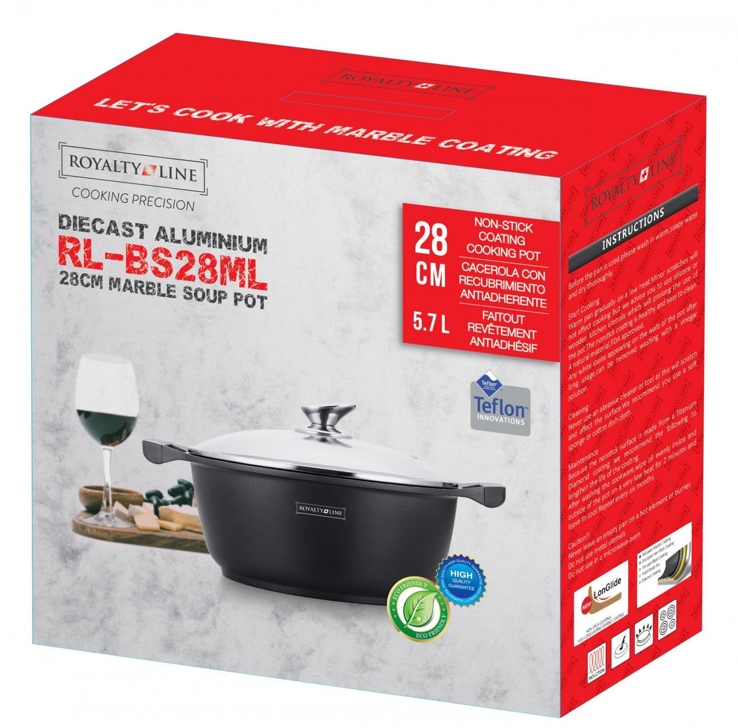 Royalty Line RL-BS28M: Kookpot met marmercoating en glazen deksel - 28 cm - Bivakshop