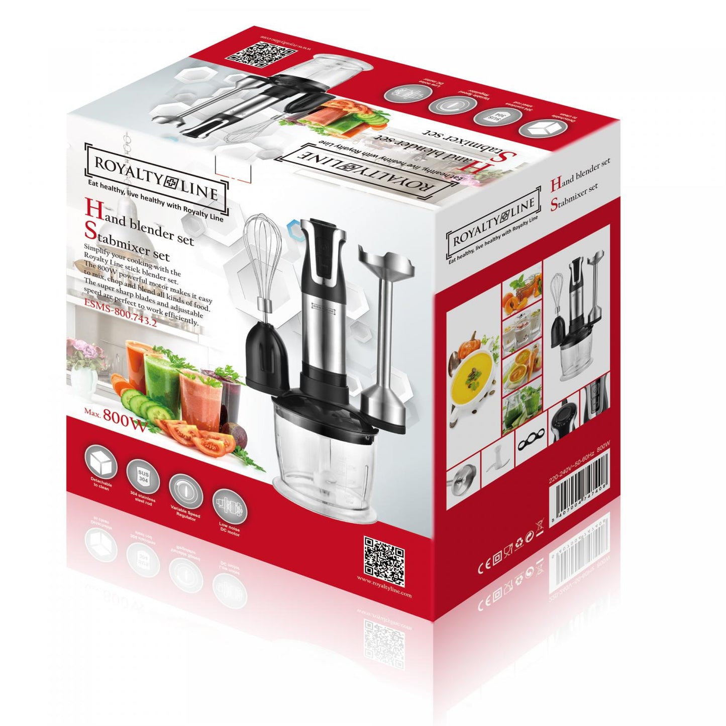 Royalty Line RL-ESMS800: 3-in-1 staafmixer, garde, hakmolen met 2 snelheden - 800 W - Bivakshop