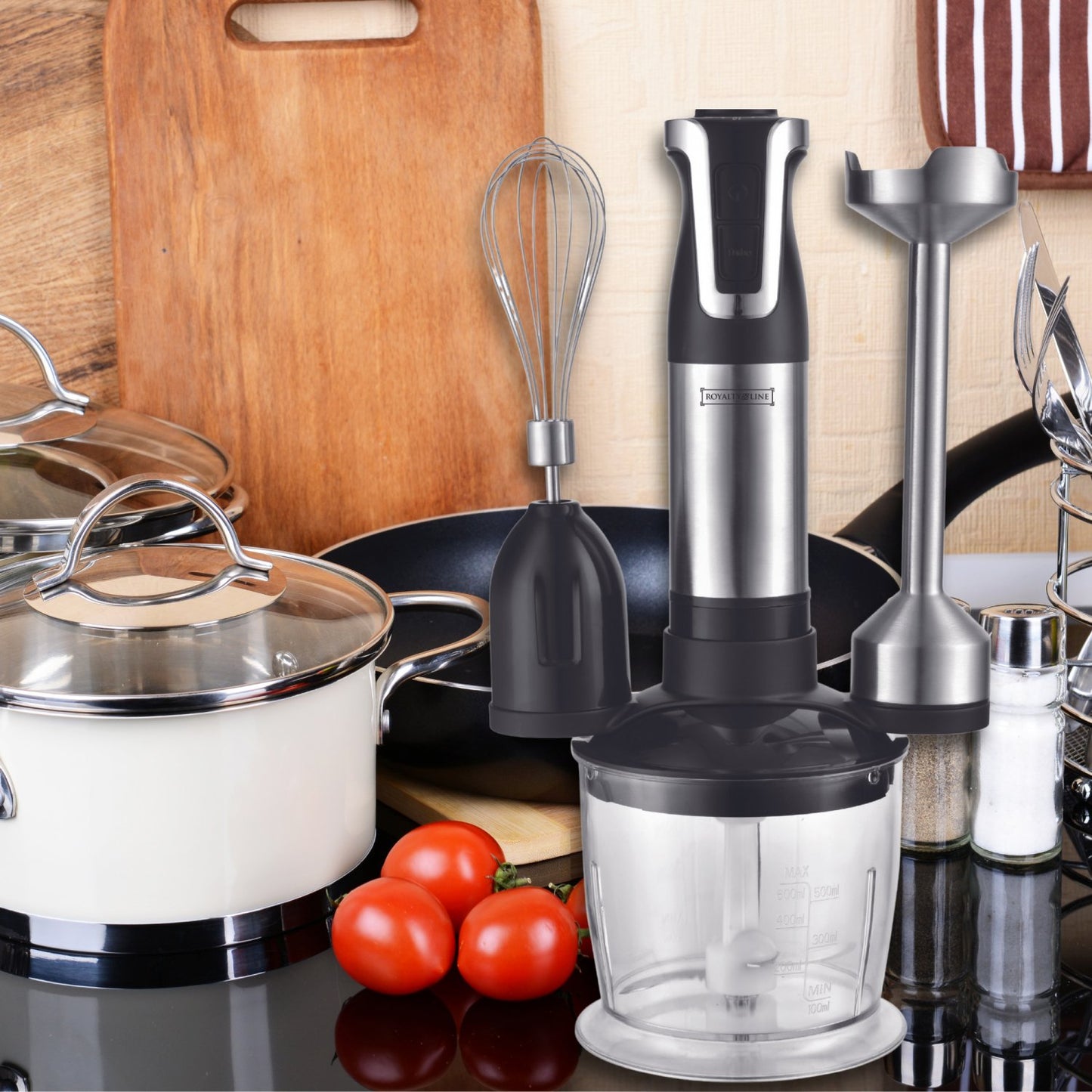 Royalty Line RL-ESMS800: 3-in-1 staafmixer, garde, hakmolen met 2 snelheden - 800 W - Bivakshop