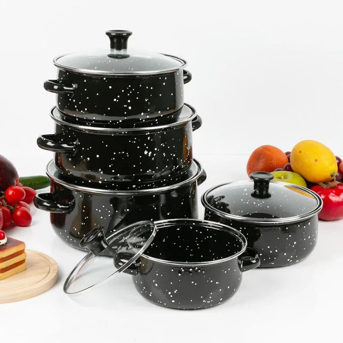 10-delige geëmailleerde kookset met glazen deksels - Stijlvol en veelzijdig koken - Bivakshop