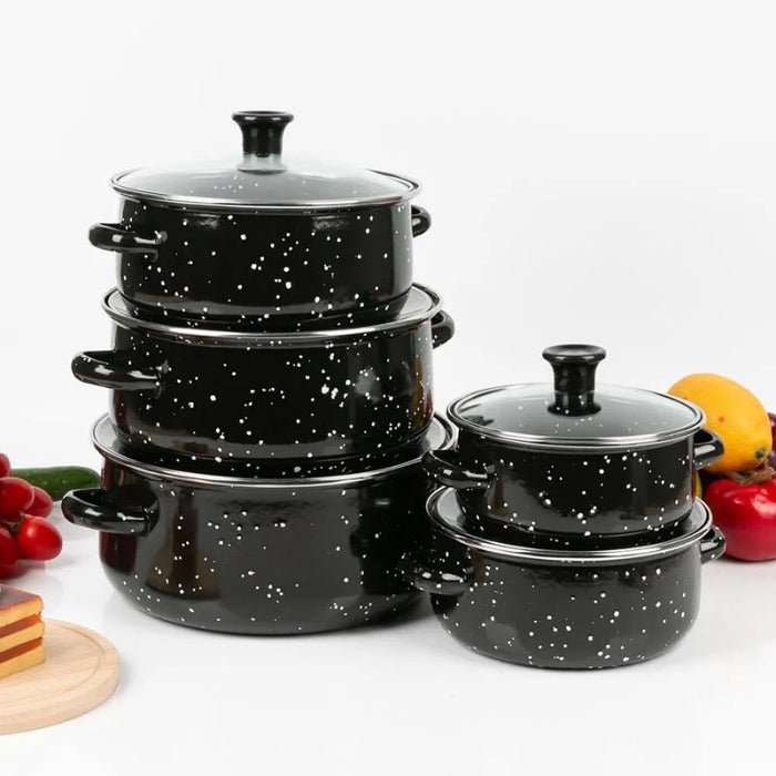 10-delige geëmailleerde kookset met glazen deksels - Stijlvol en veelzijdig koken - Bivakshop
