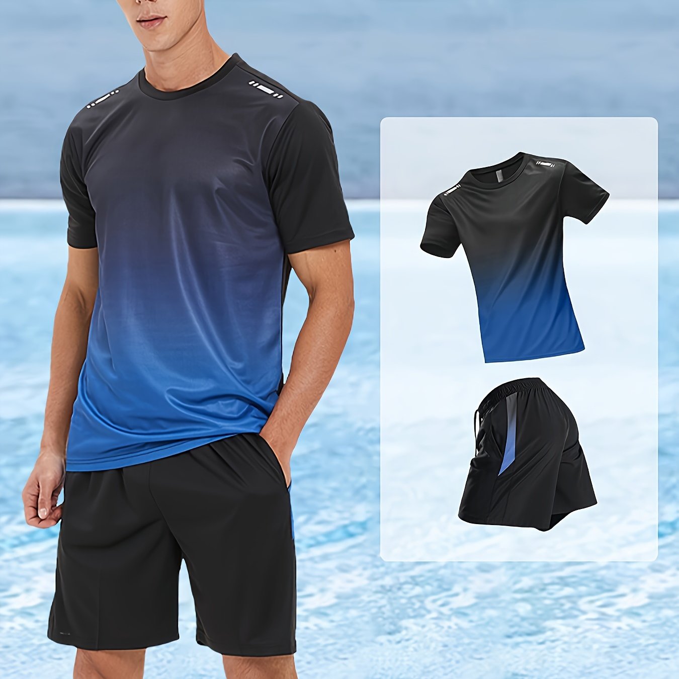 2 delige heren zomeroutfit - Heren ombre t shirt met korte mouwen - Effen shorts zakken - Bivakshop