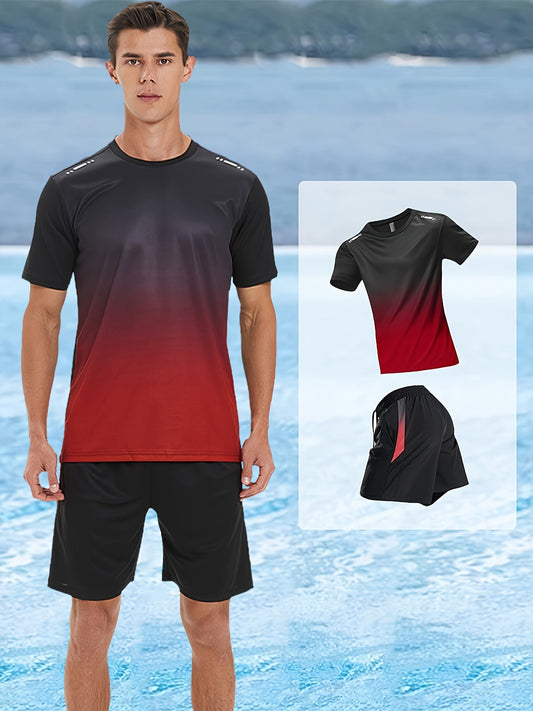 2 delige heren zomeroutfit - Heren ombre t shirt met korte mouwen - Effen shorts zakken - Bivakshop