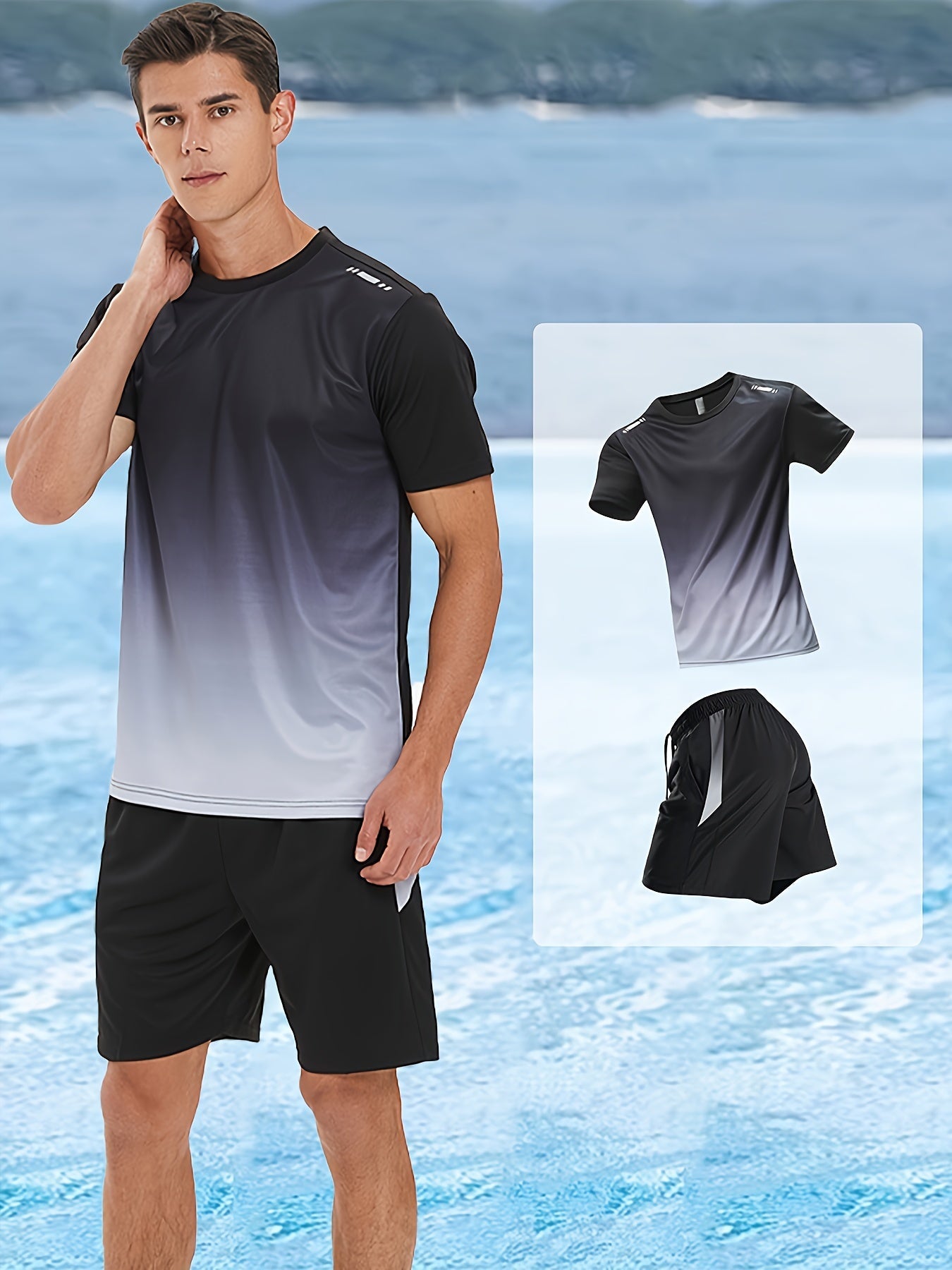 2 delige heren zomeroutfit - Heren ombre t shirt met korte mouwen - Effen shorts zakken - Bivakshop