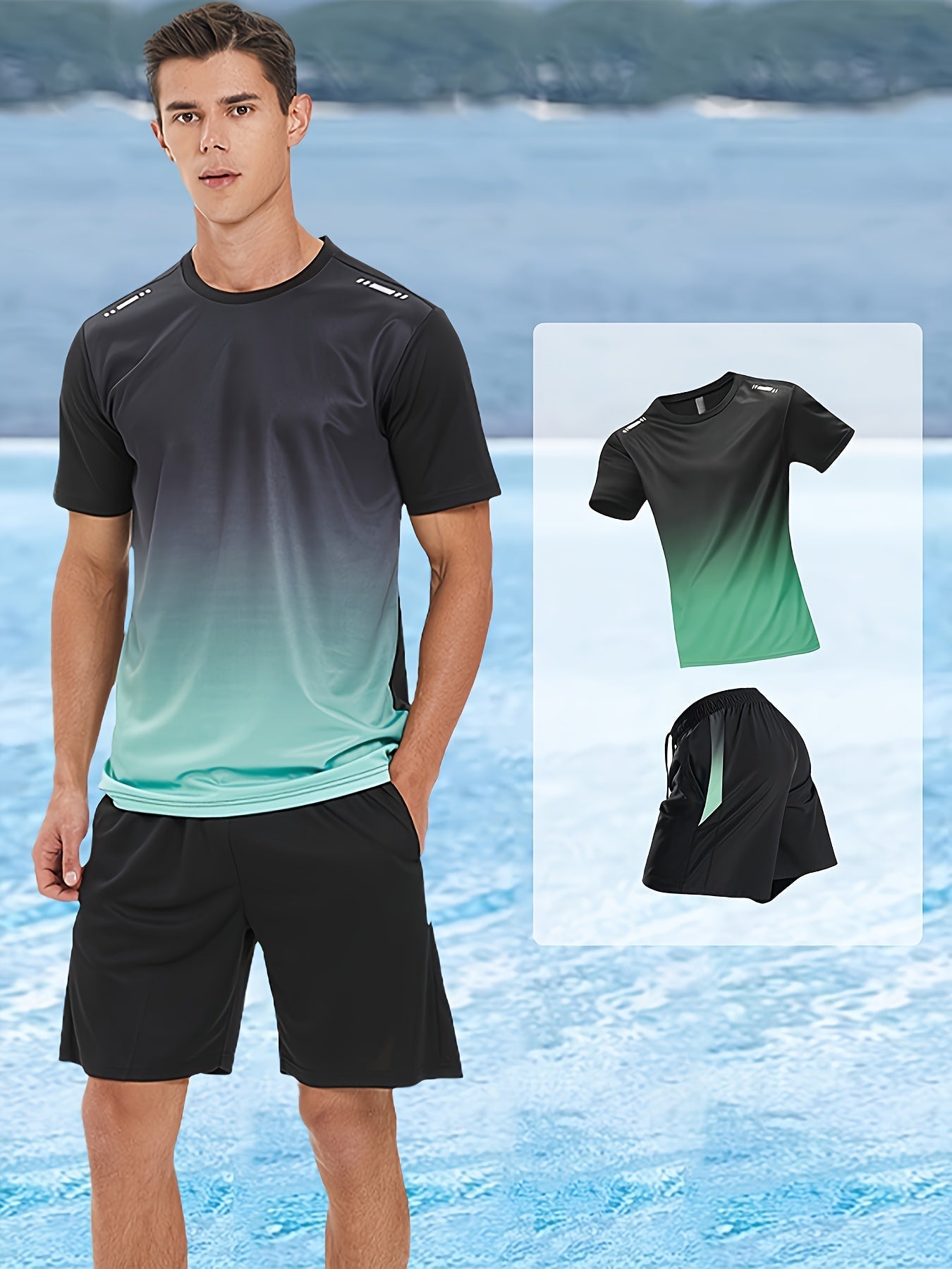 2 delige heren zomeroutfit - Heren ombre t shirt met korte mouwen - Effen shorts zakken - Bivakshop