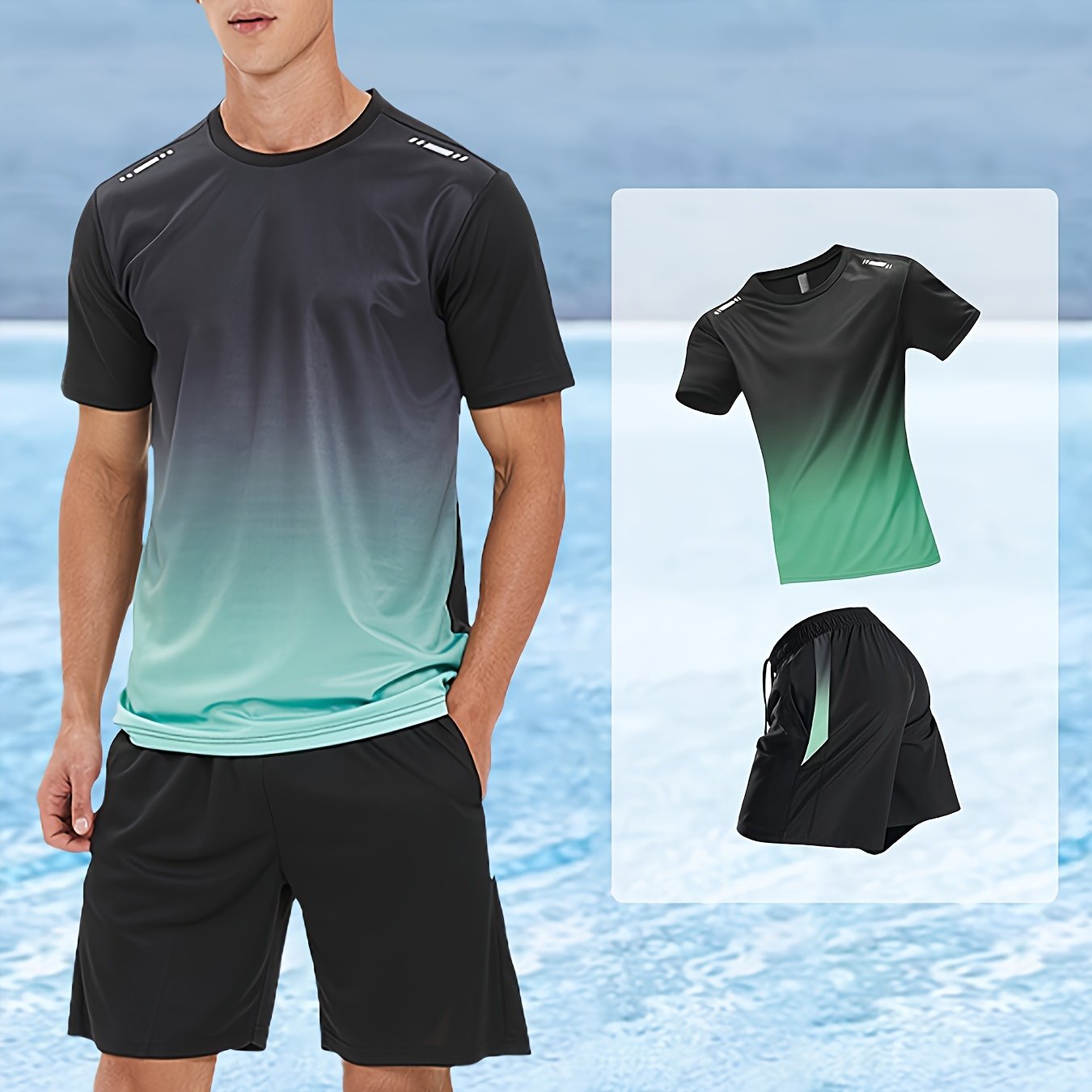 2 delige heren zomeroutfit - Heren ombre t shirt met korte mouwen - Effen shorts zakken - Bivakshop