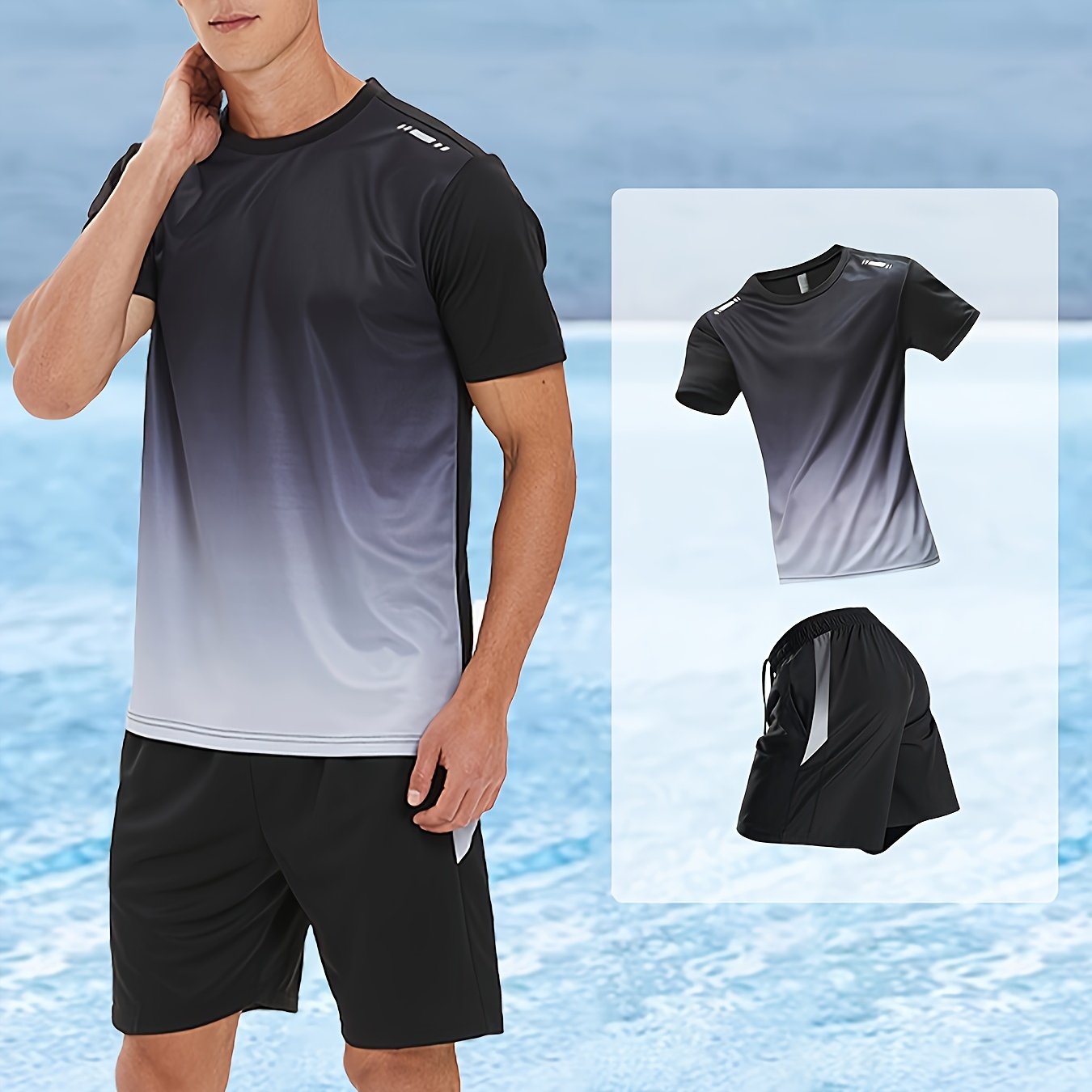 2 delige heren zomeroutfit - Heren ombre t shirt met korte mouwen - Effen shorts zakken - Bivakshop
