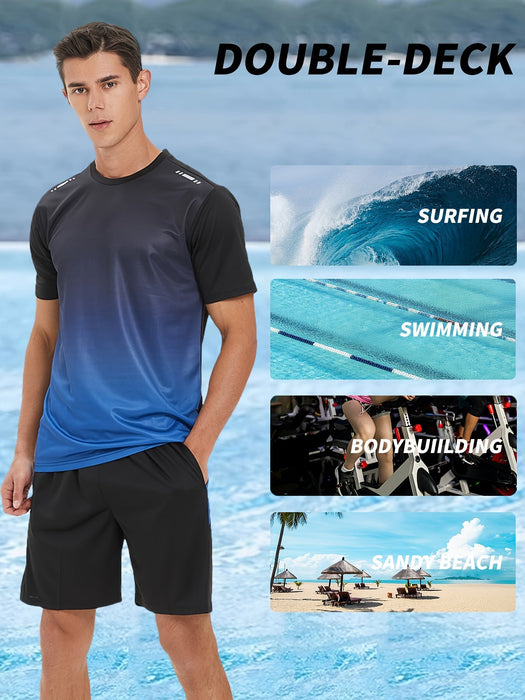 2 delige heren zomeroutfit - Heren ombre t shirt met korte mouwen - Effen shorts zakken - Bivakshop