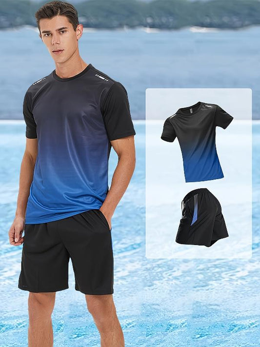 2 delige heren zomeroutfit - Heren ombre t shirt met korte mouwen - Effen shorts zakken - Bivakshop