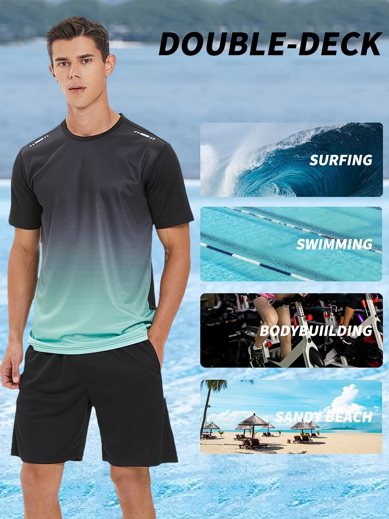 2 delige heren zomeroutfit - Heren ombre t shirt met korte mouwen - Effen shorts zakken - Bivakshop