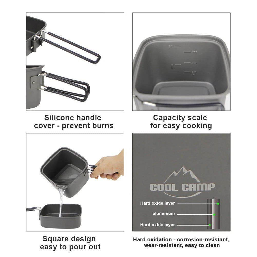2 - in - 1 camping kookset – Opvouwbare vierkante pan en kookpot van aluminiumlegering - Bivakshop