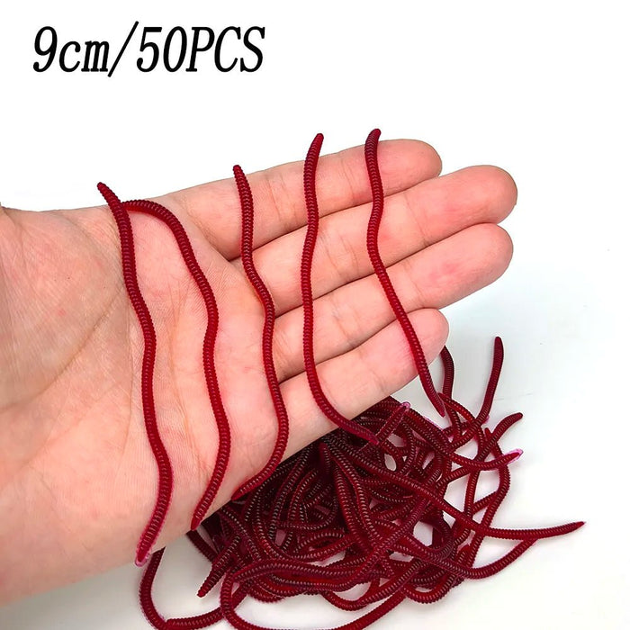 20PCS - 100pcs Lifelike Red Worm Soft Lure Earthworm ice winter Fishing Silicone Artificial Bait Fishy Shrimp Additive Bass Carp - Bivakshop