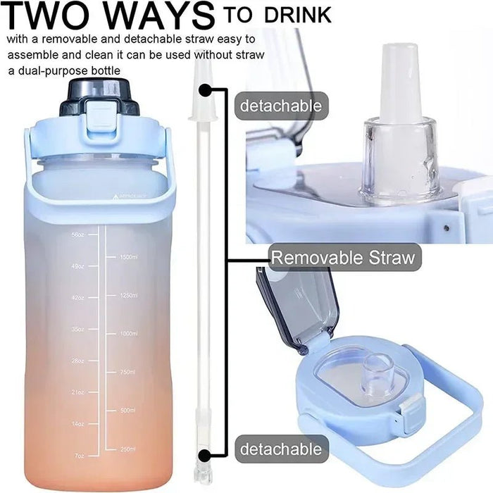2L waterfles met tijdsaanduiding - Tritan kunststof, BPA - vrij - Sportfles met rietje en veerdeksel - Bivakshop