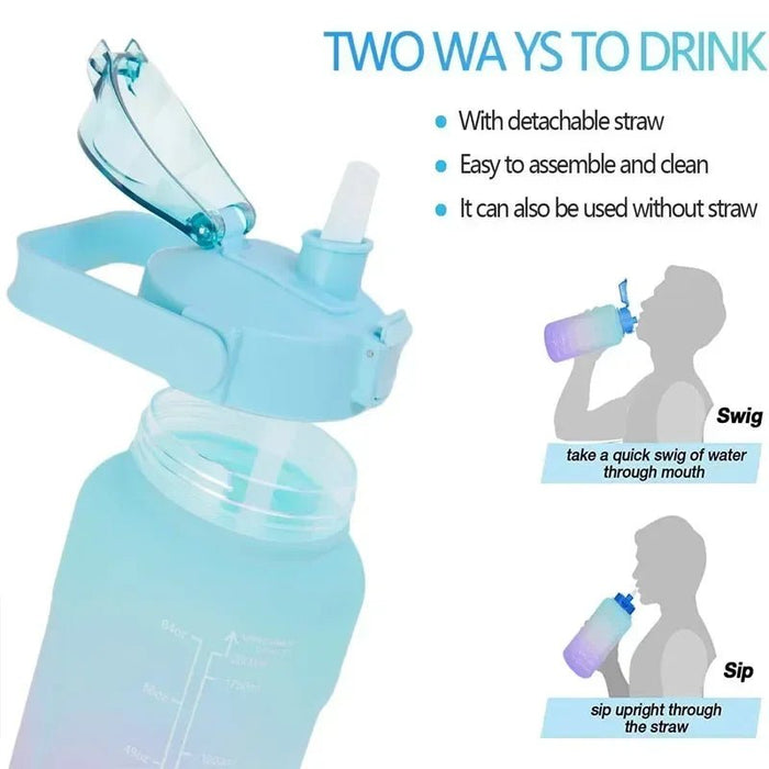 2L waterfles met tijdsaanduiding - Tritan kunststof, BPA - vrij - Sportfles met rietje en veerdeksel - Bivakshop